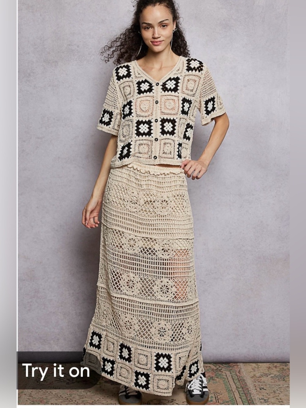 POL Crochet Two-Piece Set - Cream and Brown Women’s skirt and top